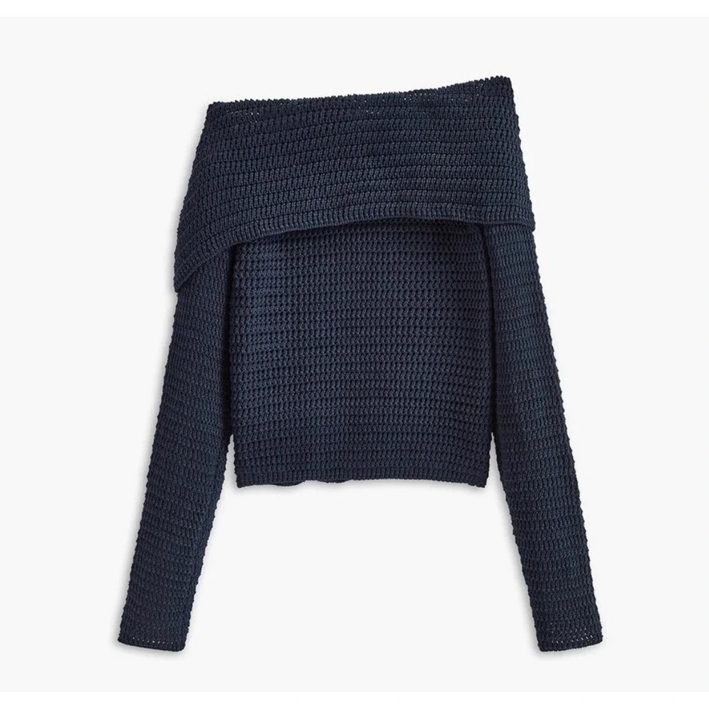 Commense Navy Blue Crochet Knit Asymmetrical Button Off Shoulder Cardiga